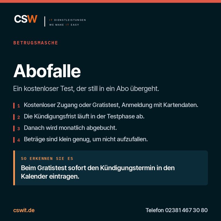 Infografik zur Betrugsmasche Abofalle: Ablauf und Erkennungsmerkmal