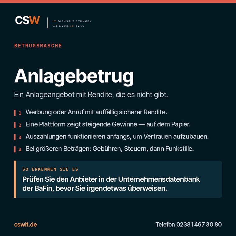 Infografik zur Betrugsmasche Anlagebetrug: Ablauf und Erkennungsmerkmal