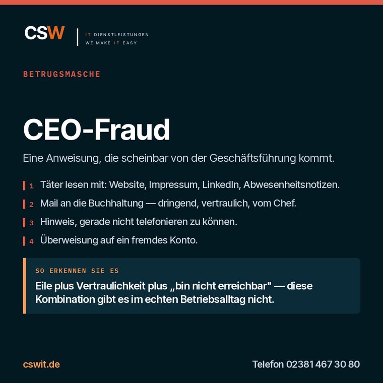Infografik zur Betrugsmasche CEO-Fraud: Ablauf und Erkennungsmerkmal