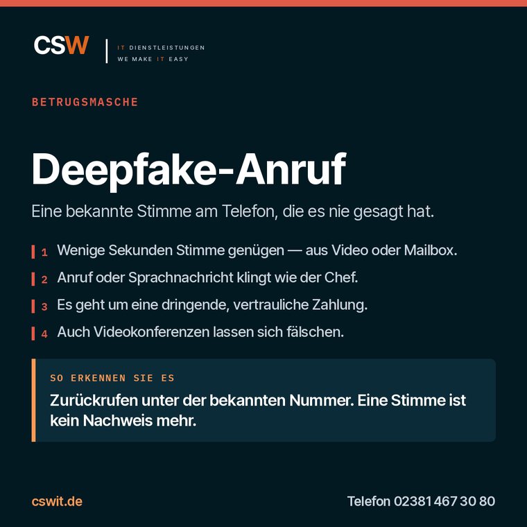Infografik zur Betrugsmasche Deepfake-Anruf: Ablauf und Erkennungsmerkmal