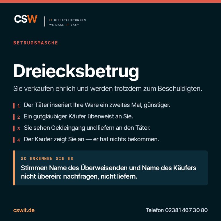Infografik zur Betrugsmasche Dreiecksbetrug: Ablauf und Erkennungsmerkmal