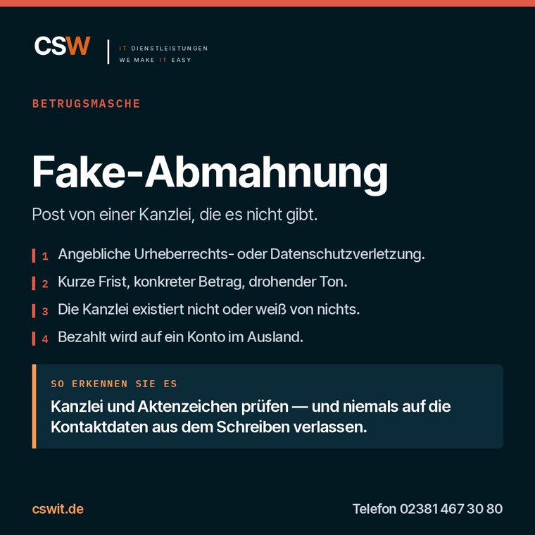 Infografik zur Betrugsmasche Fake-Abmahnung: Ablauf und Erkennungsmerkmal