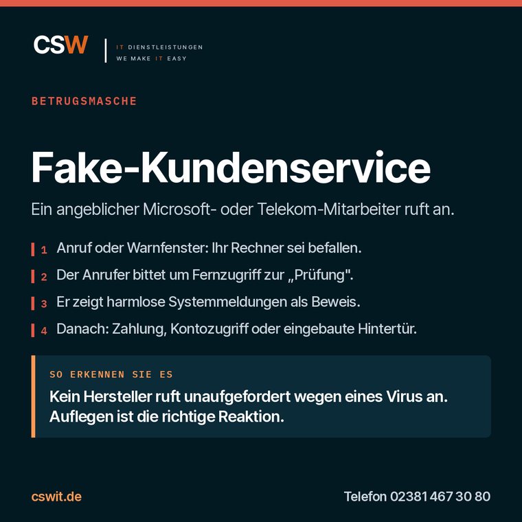 Infografik zur Betrugsmasche Fake-Kundenservice: Ablauf und Erkennungsmerkmal