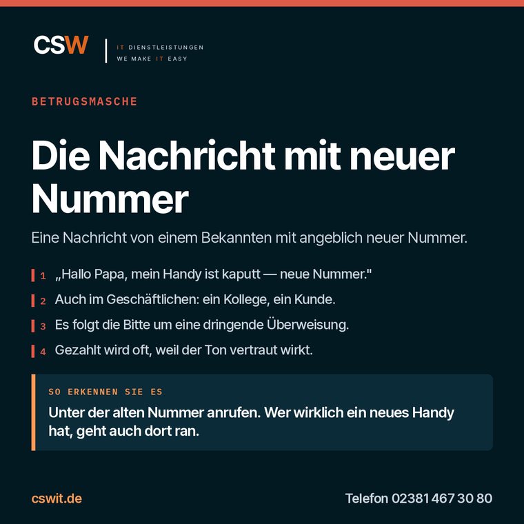 Infografik zur Betrugsmasche Die Nachricht mit neuer Nummer: Ablauf und Erkennungsmerkmal