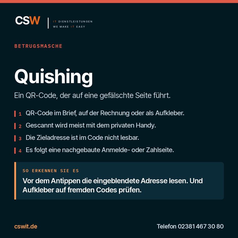 Infografik zur Betrugsmasche Quishing: Ablauf und Erkennungsmerkmal