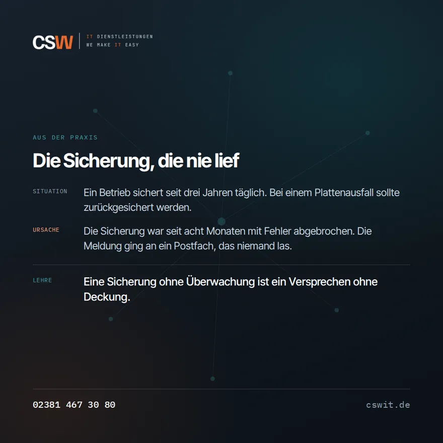Grafik: Praxisfall einer Sicherung, die acht Monate lang mit Fehler abbrach