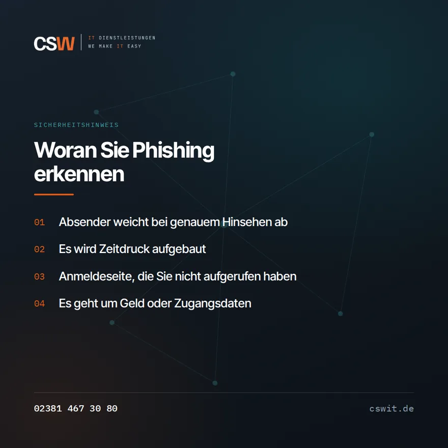 Grafik: Vier Merkmale, an denen sich Phishing erkennen lässt